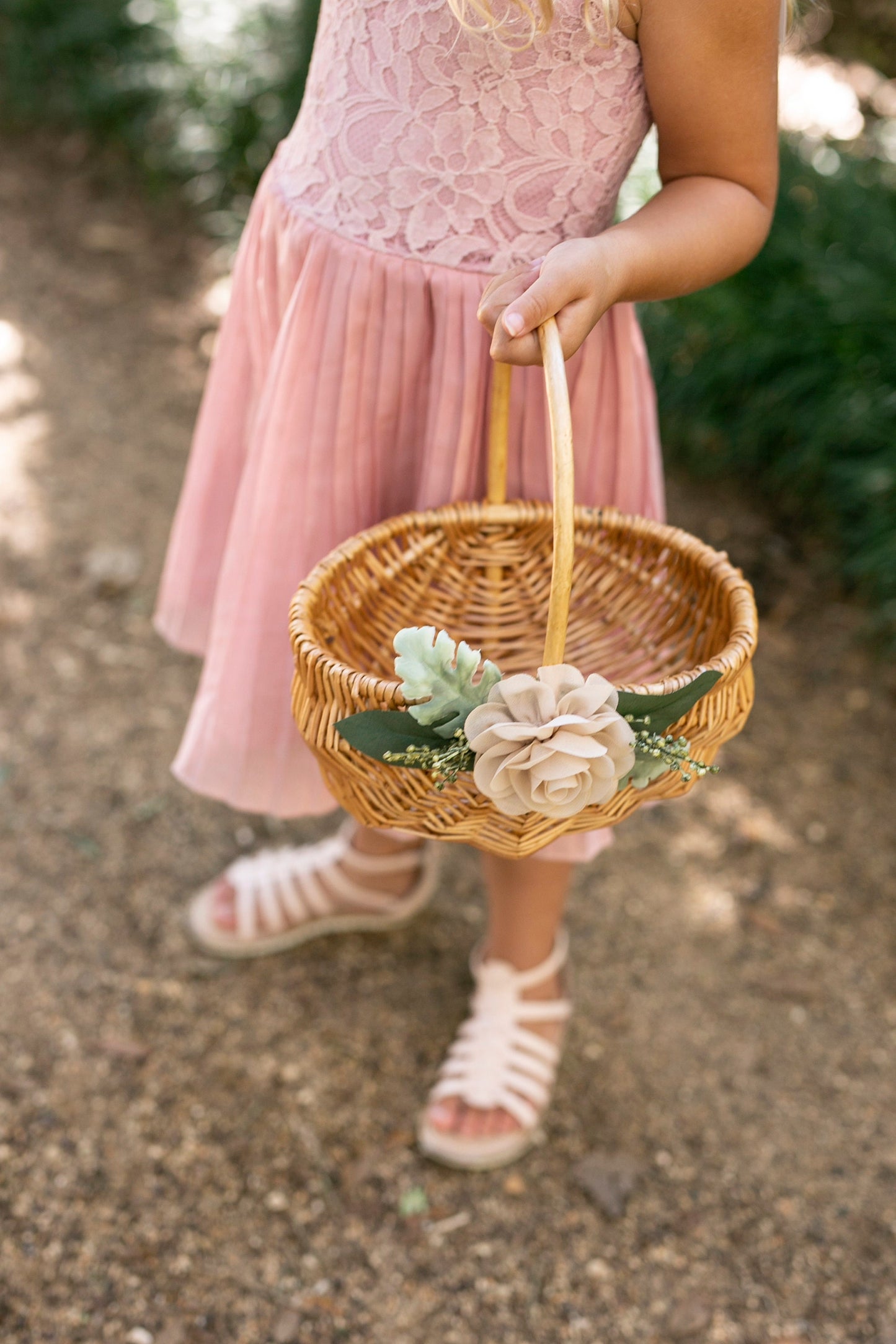Bristol Rustic Willow Flower Girl Basket with Greenery & Chiffon Flower