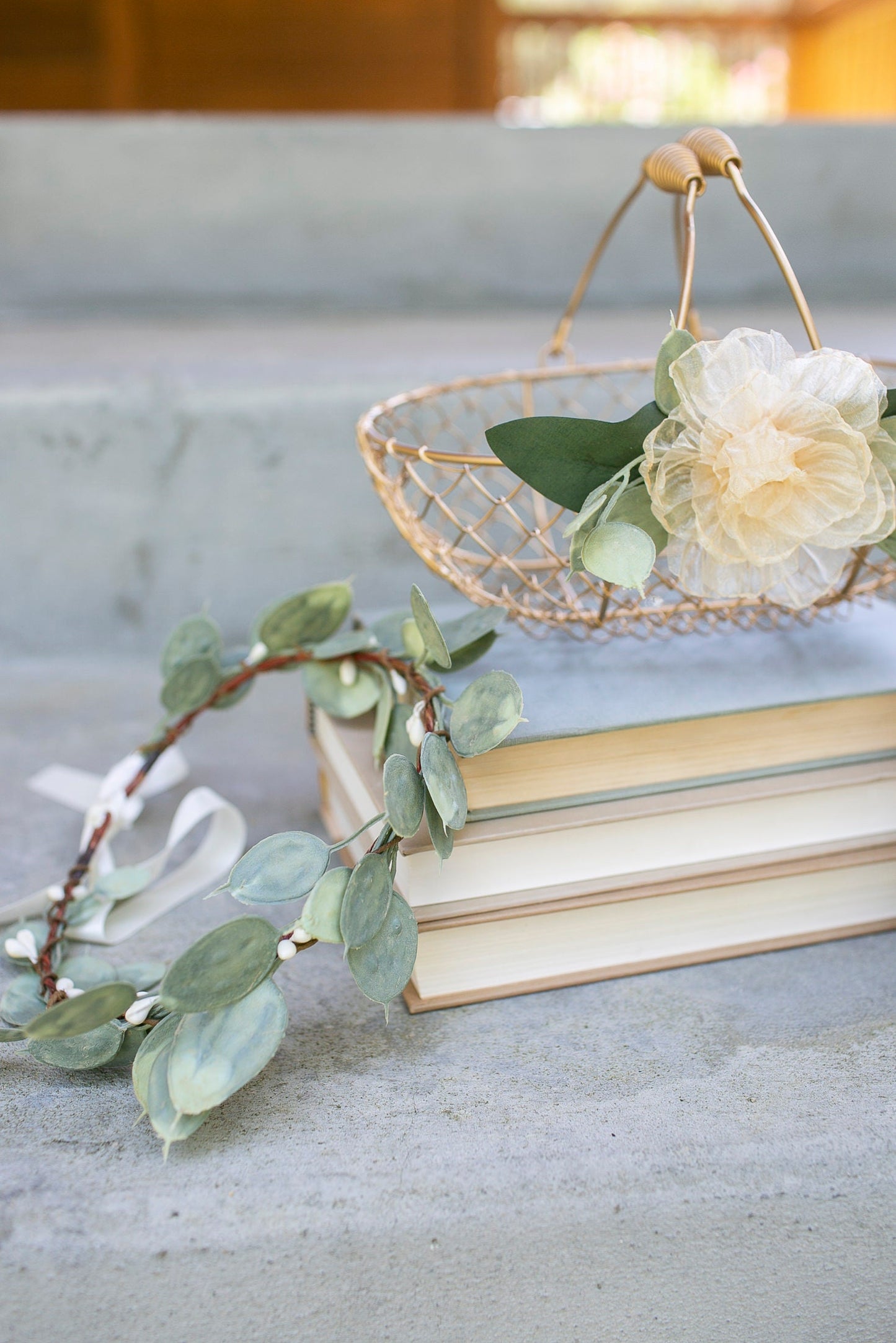 Amber Champagne Gold Wedding Flower Girl Basket and Ring Bearer Pillow Set: Eucalyptus & Organza Floral Accessories