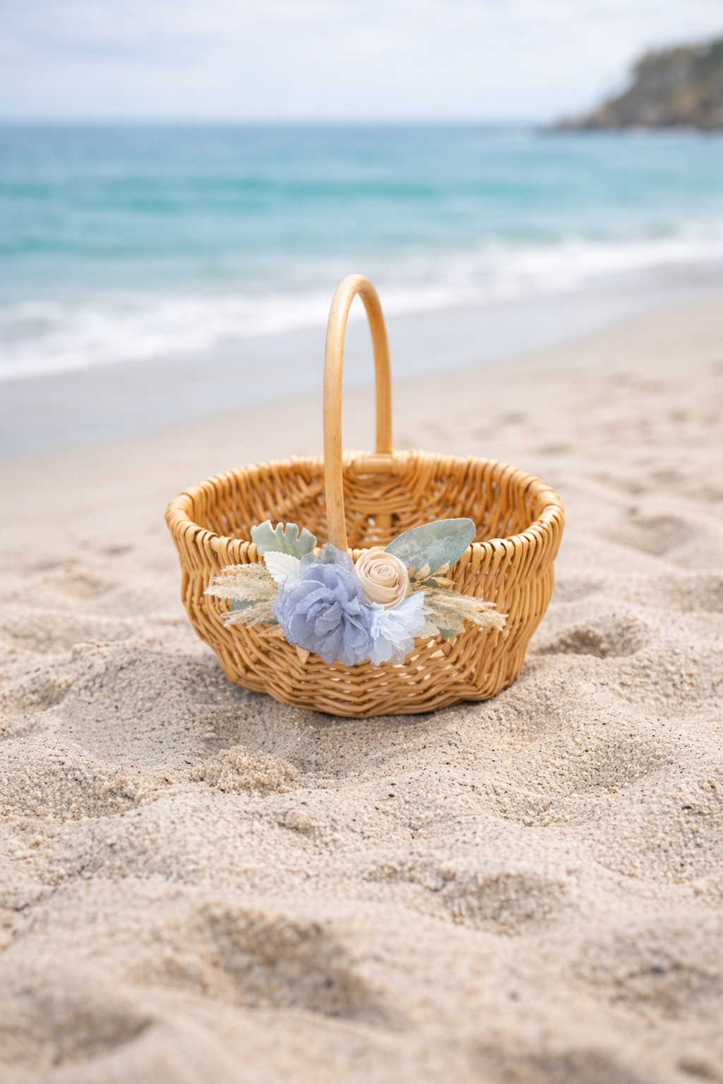Coastal Flower Girl Basket & Ring Pillow Set: Boho Baby Blue Accents