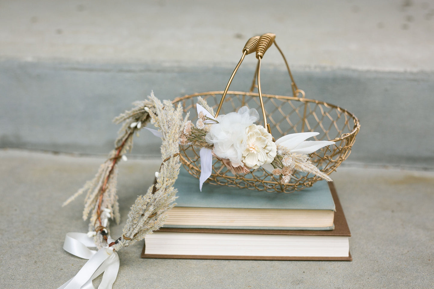 Boho Champagne Gold Flower Girl Basket: Desert Wedding Decor