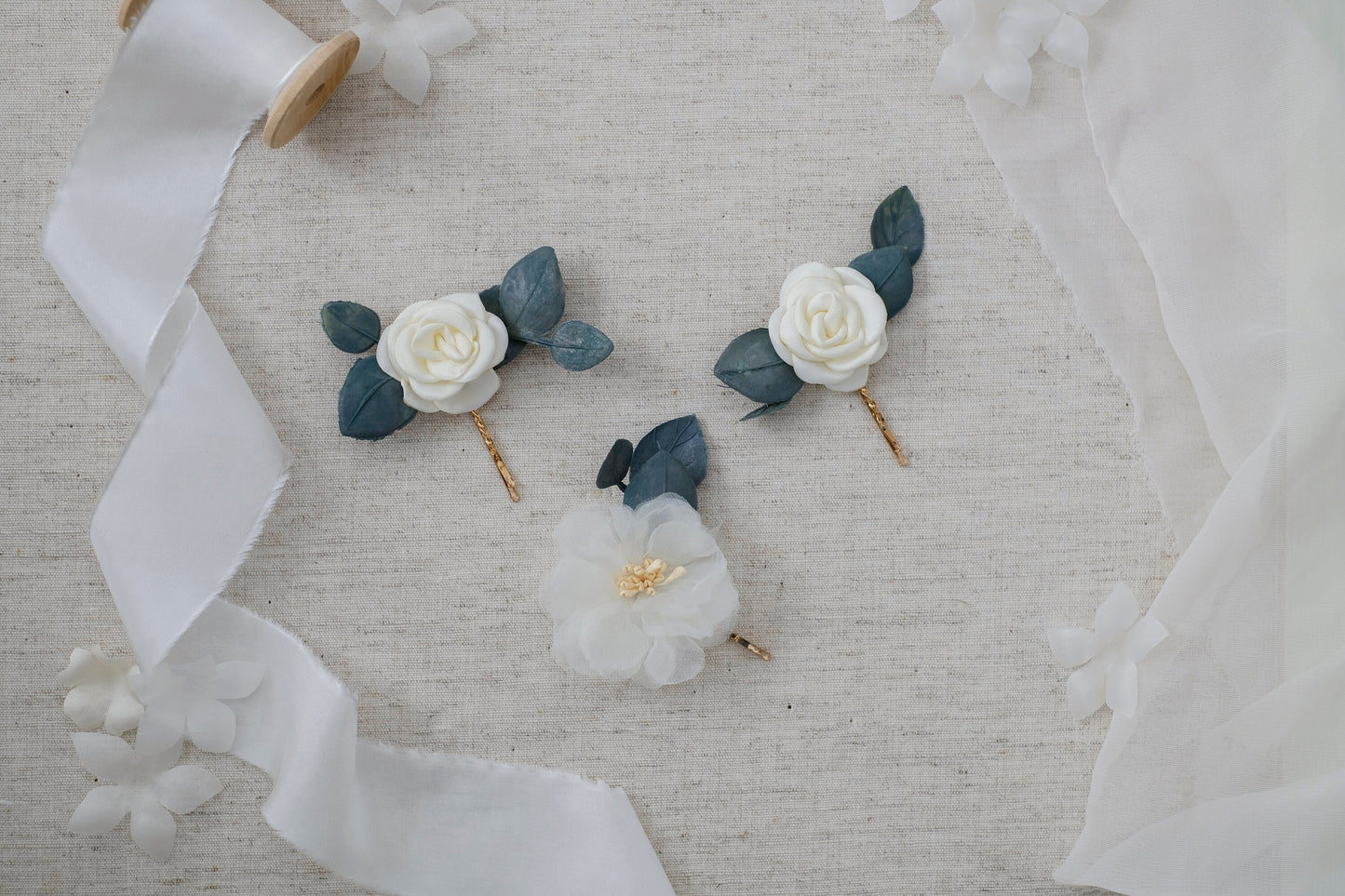 Eucalyptus Bridal Hair Pins: Silk Organza Flower Wedding Accessory