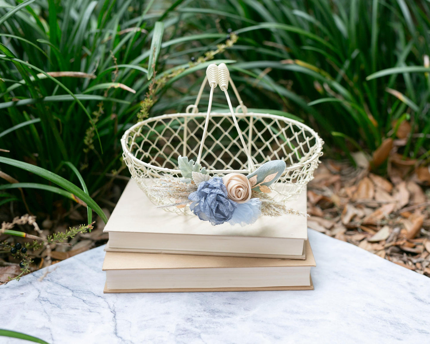 Coastal Flower Girl Basket & Ring Pillow Set: Boho Baby Blue Accents