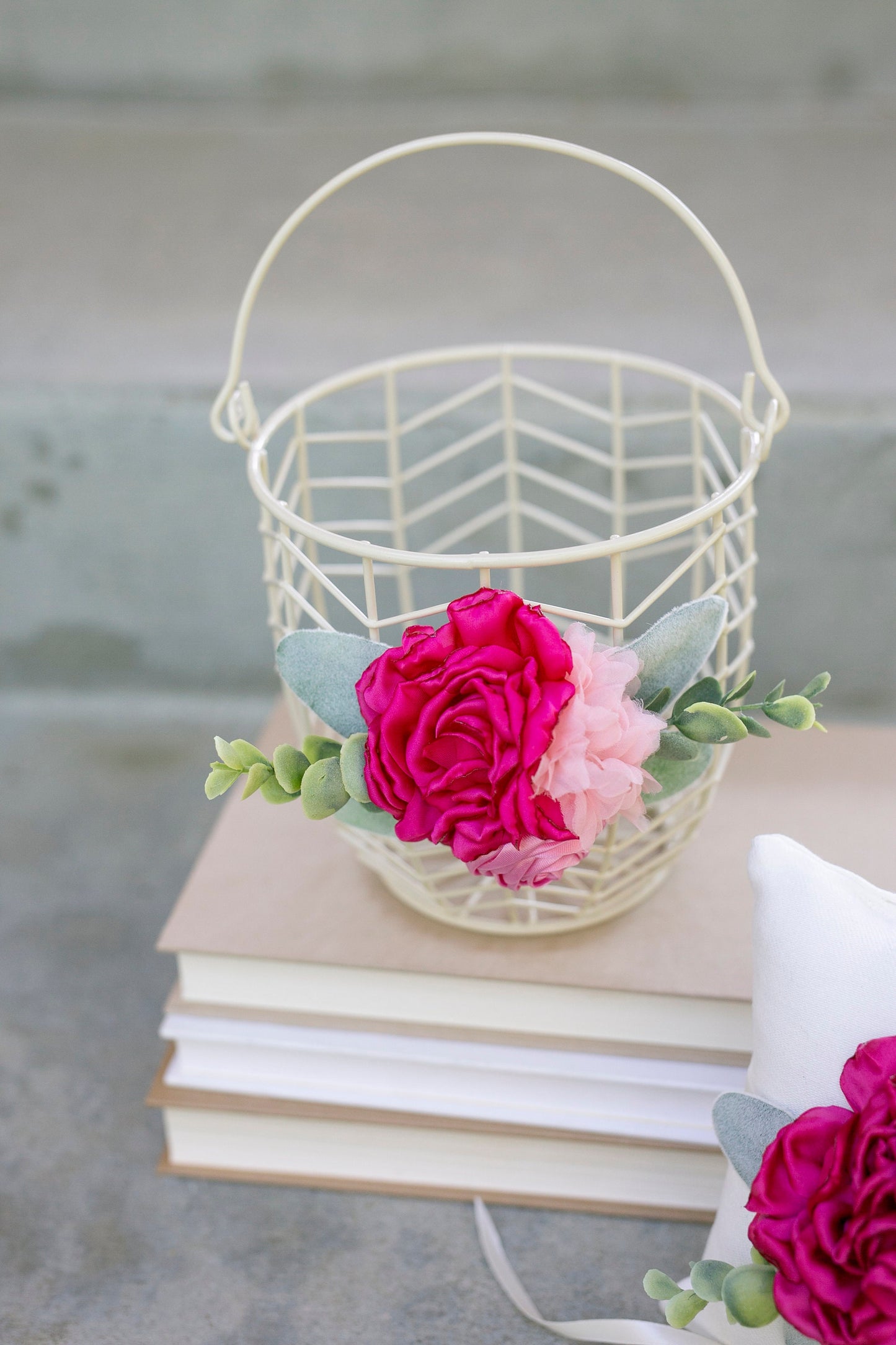Pink Floral Flower Girl Basket: Ivory Metal Wedding Decor