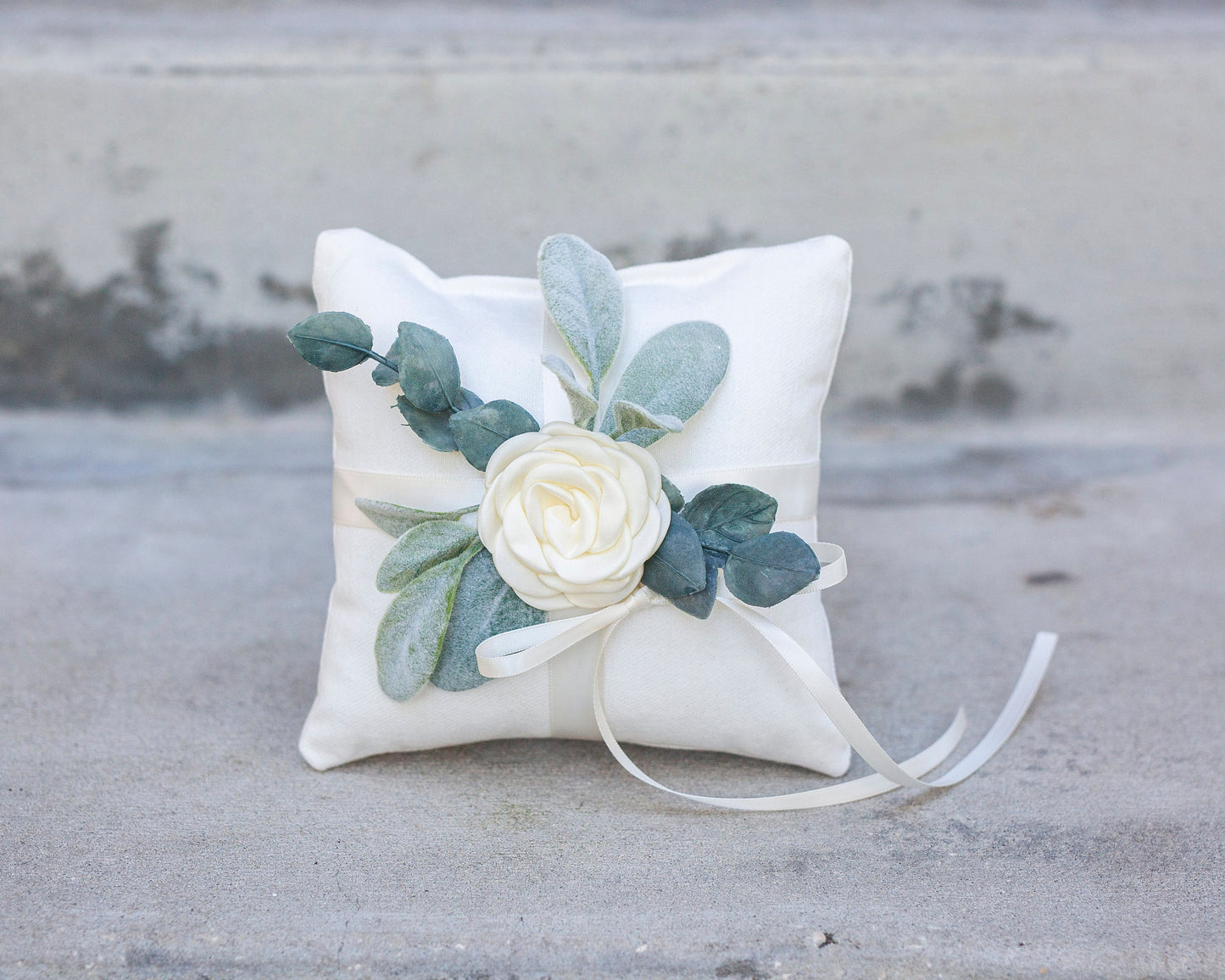 Eleanor Ivory Metal Flower Girl Basket & Ring Pillow Set: Eucalyptus Accent