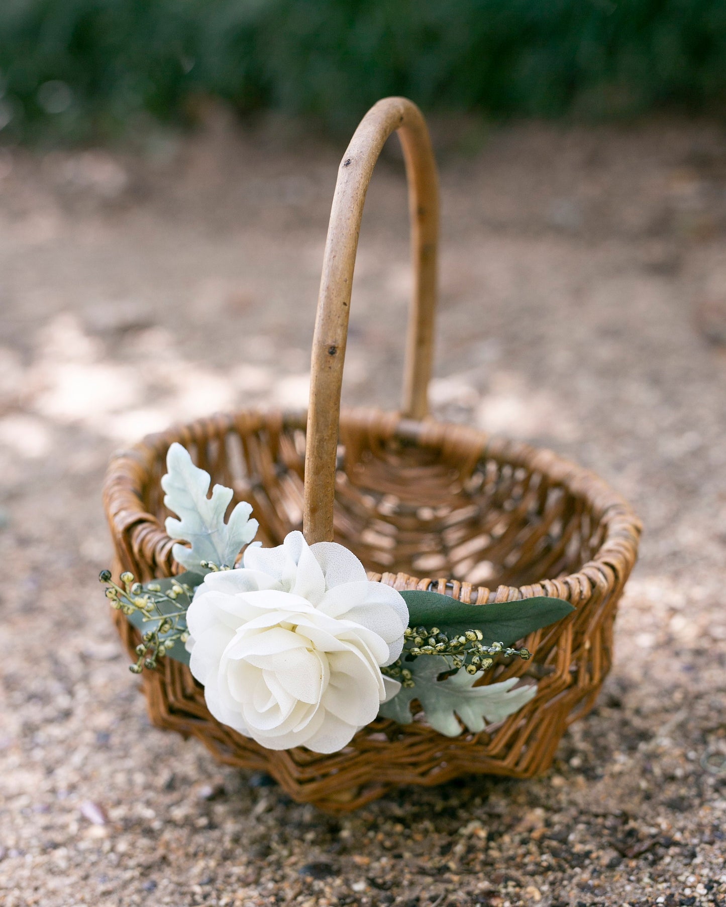 Rustic Willow Flower Girl Basket with Greenery & Chiffon Flower