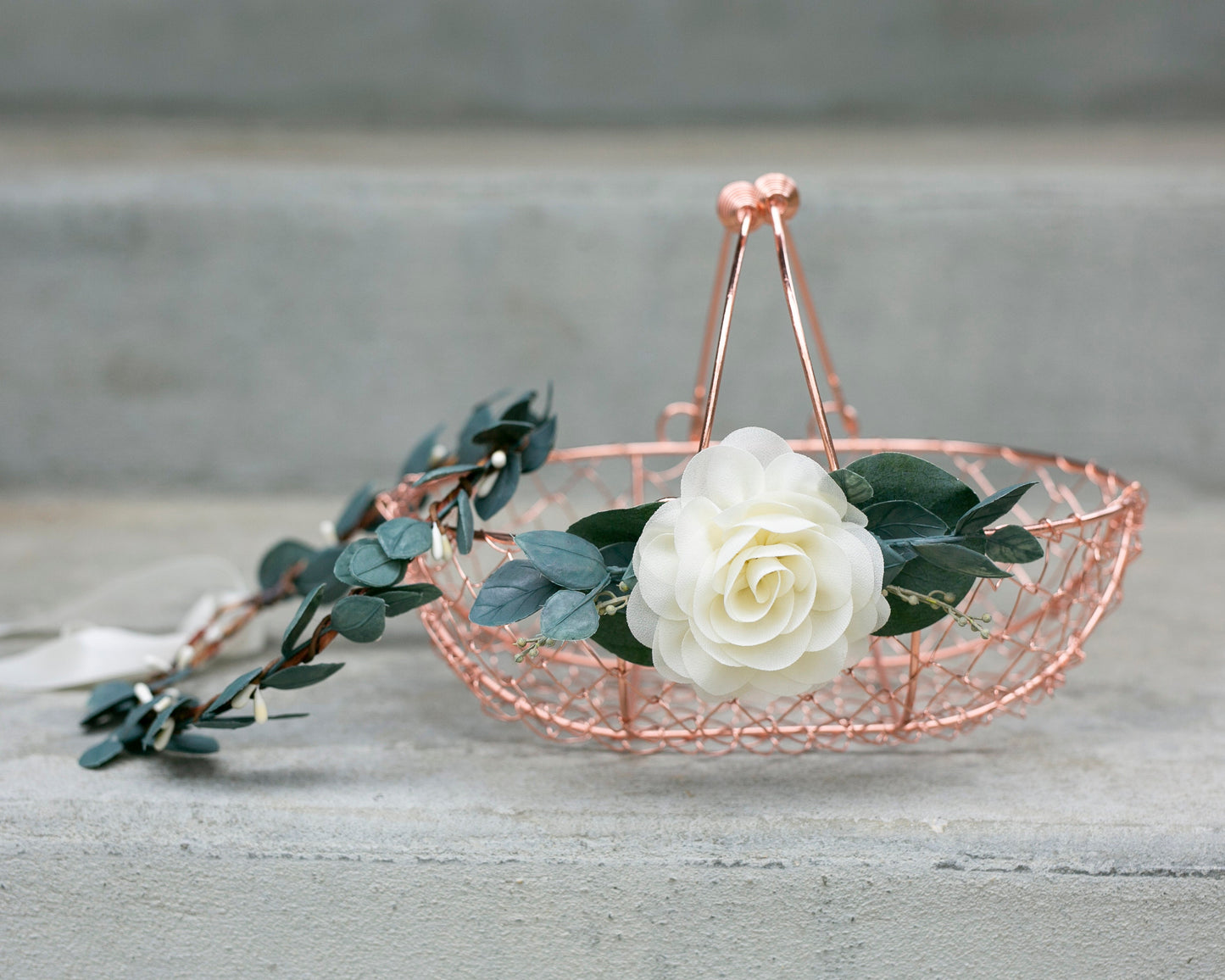Bella Rose Gold Flower Girl Basket: Copper Wire, Ivory Rose & Greenery