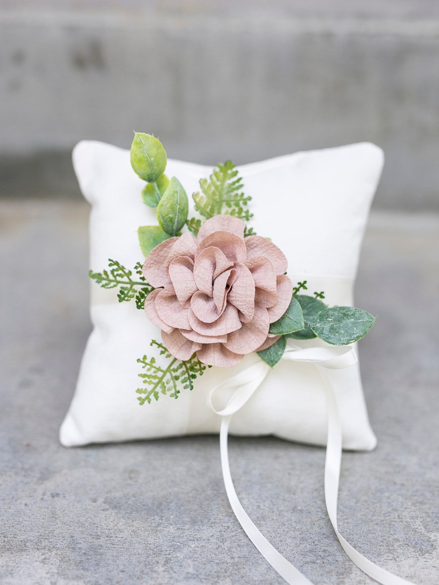 Silas Rustic Wedding Ring Pillow: Ivory Linen with Faux Eucalyptus