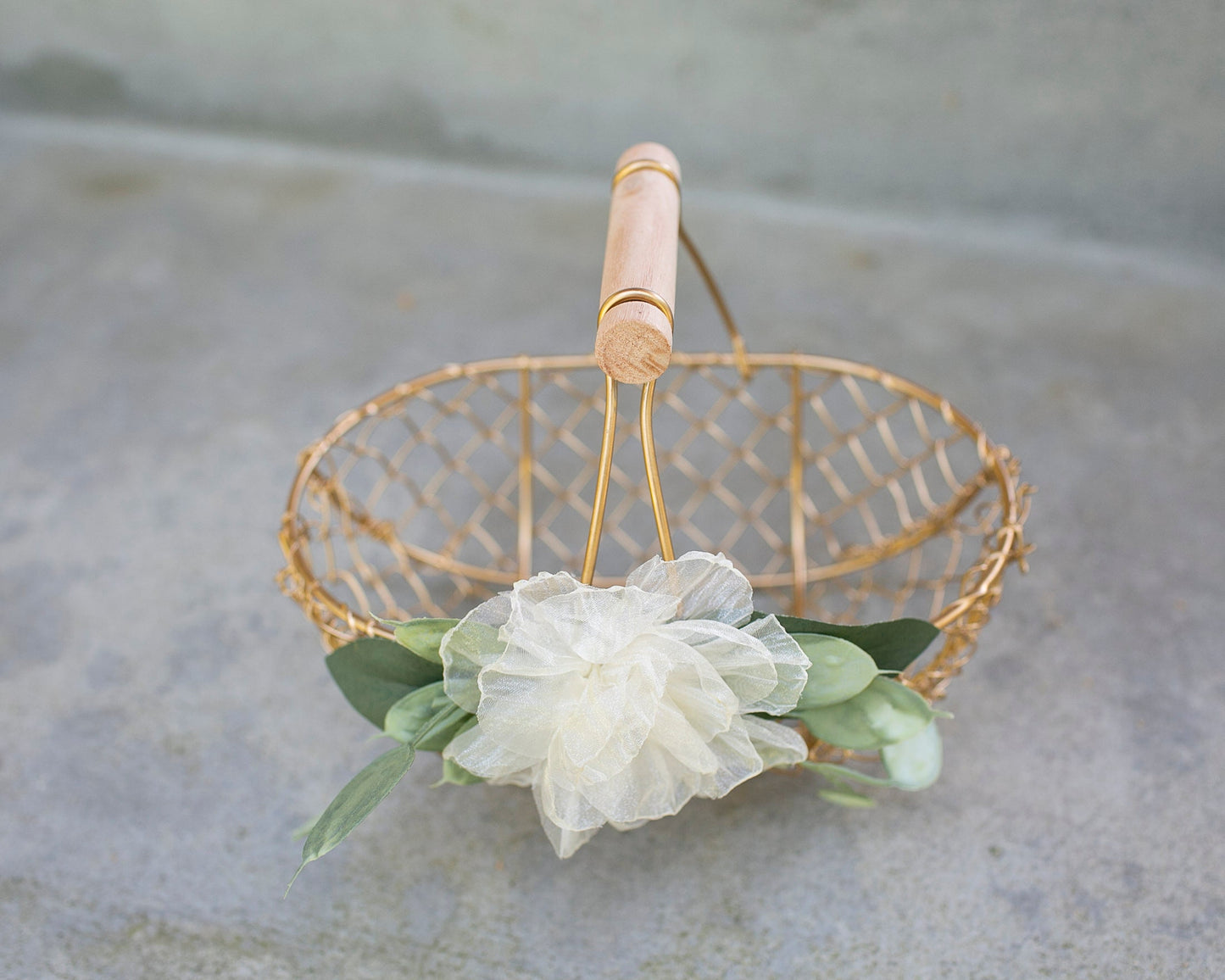 Amber Champagne Gold Flower Girl Basket: Ivory Rose & Eucalyptus Wedding Decor