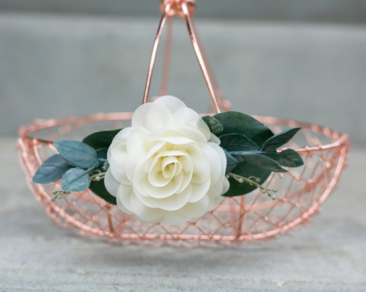 Bella Rose Gold Flower Girl Basket: Copper Wire, Ivory Rose & Greenery