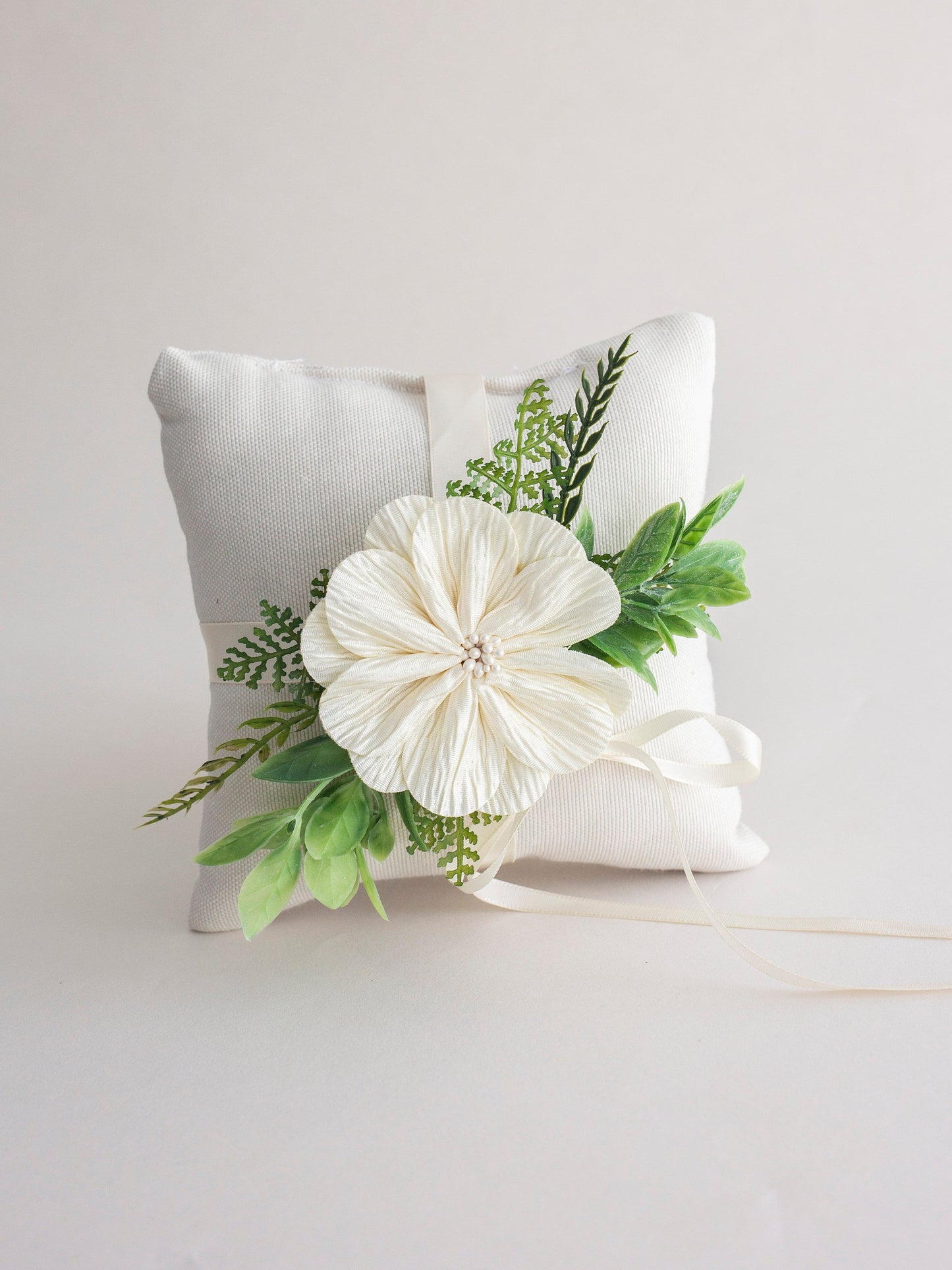 Handmade Ivory Floral Ring Bearer Pillow: Linen-Look Wedding Cushion
