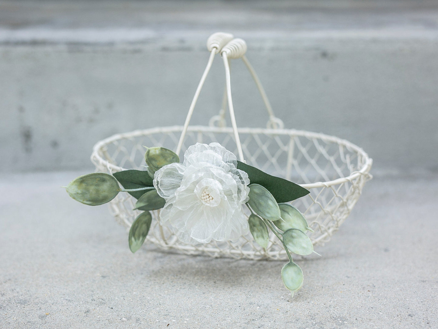 Lola Boho Flower Girl Basket | Ivory Wire, Organza Flower & Eucalyptus