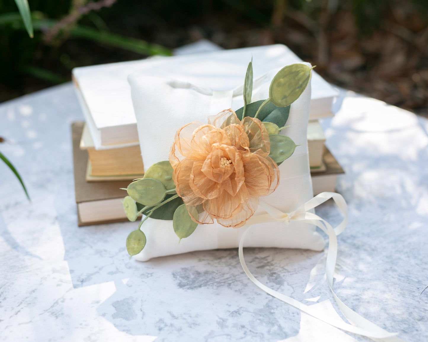 August Eucalyptus Ring Bearer Pillow: Ivory Linen, Floral Accent | Choose your flower color