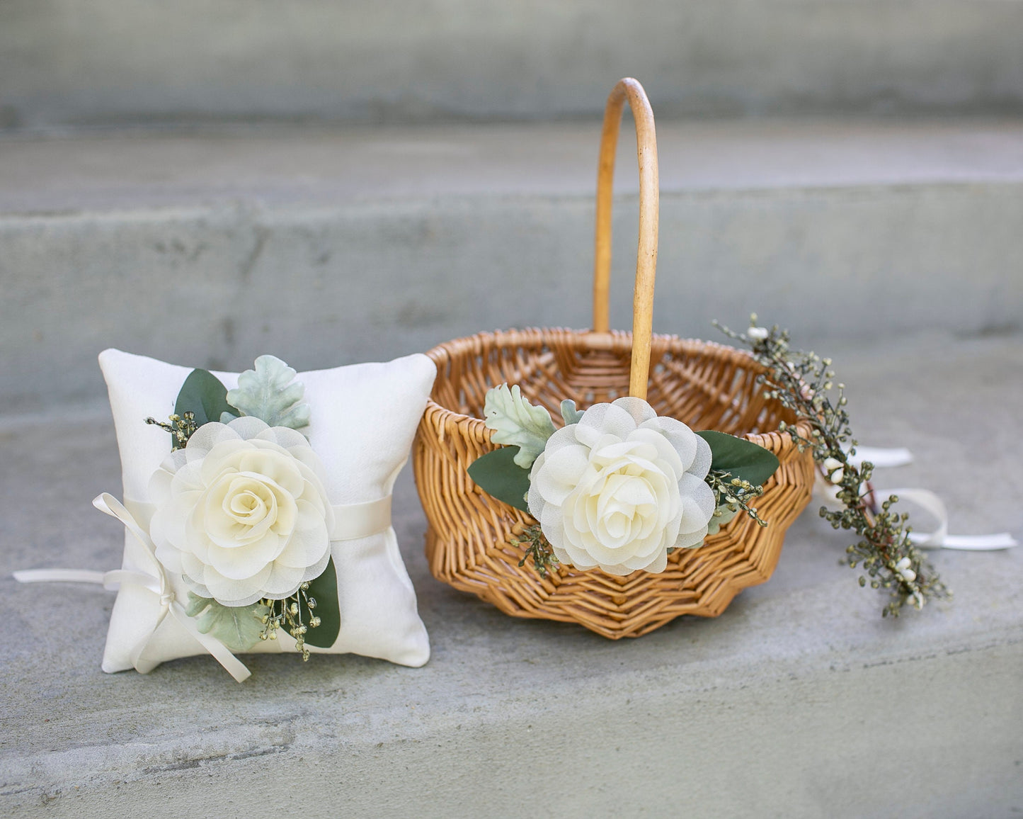Bristol Rustic Willow Flower Girl Basket with Greenery & Chiffon Flower