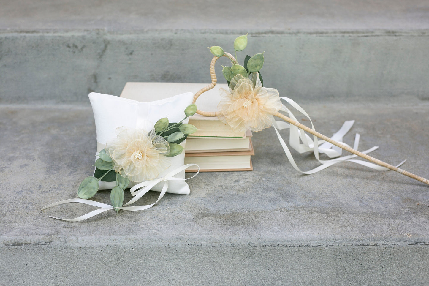 Amber Flower Girl Wand: Heart Rattan, Ivory Ribbon Wedding Accessory