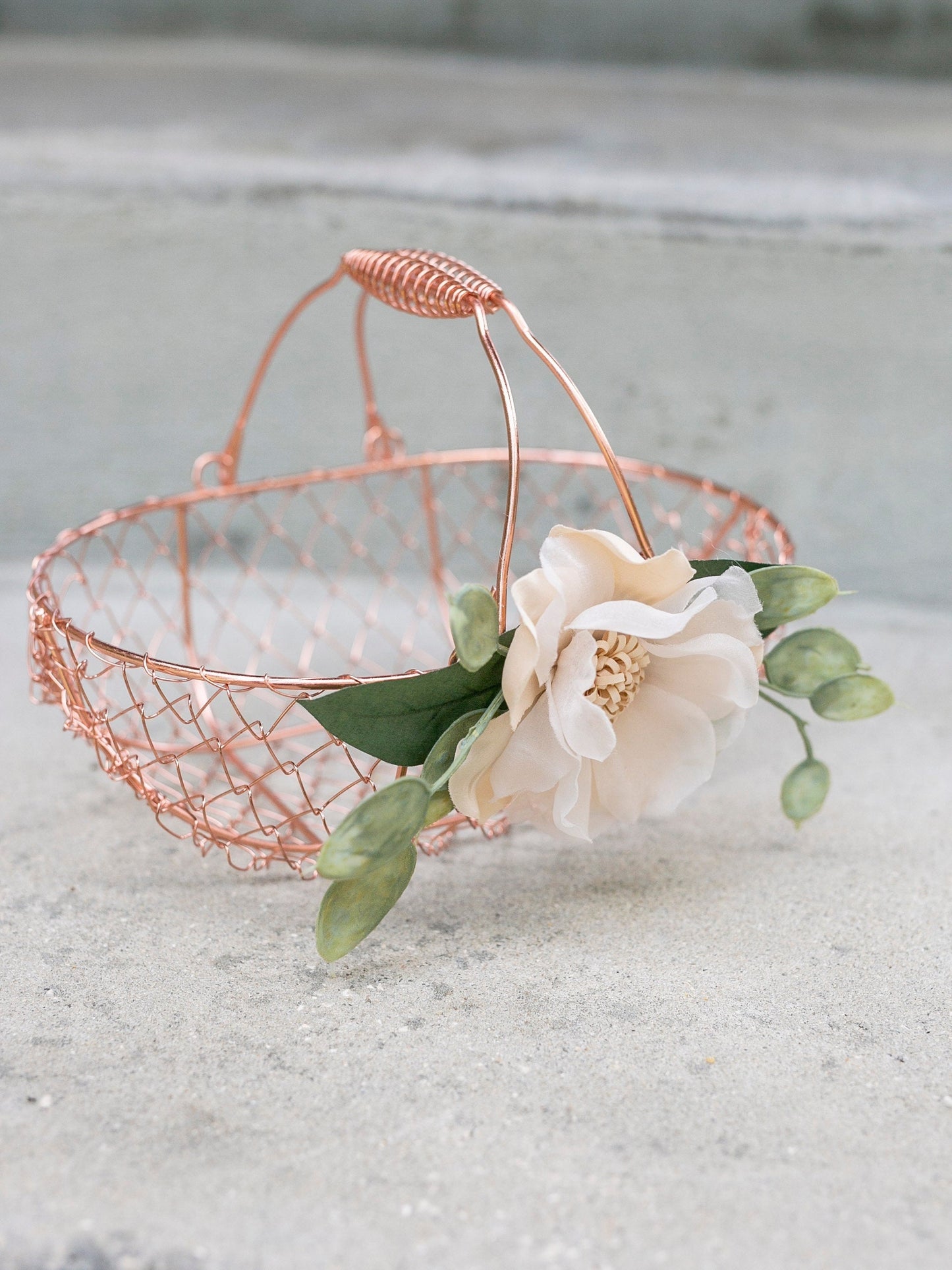 Rose Gold Flower Girl Basket: Eucalyptus & Camellia Wedding Decor