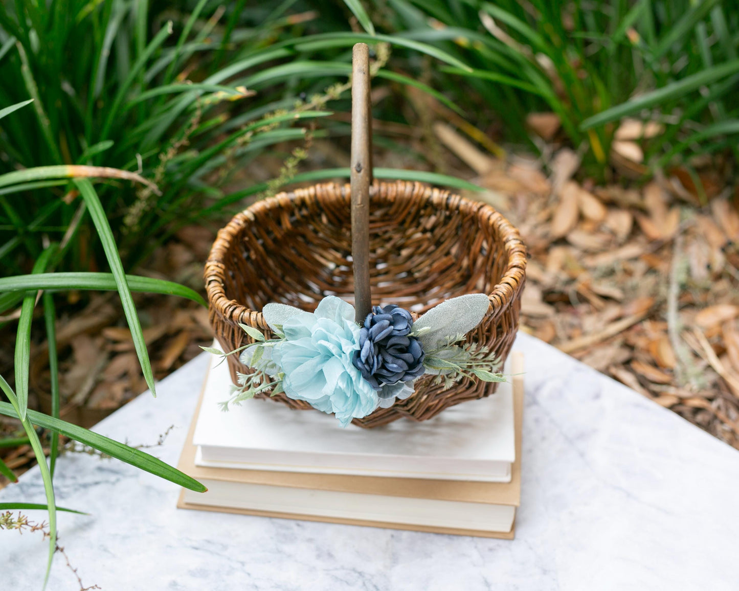 Wicker Flower Girl Basket: Handmade Willow Basket with Blue Floral Accents