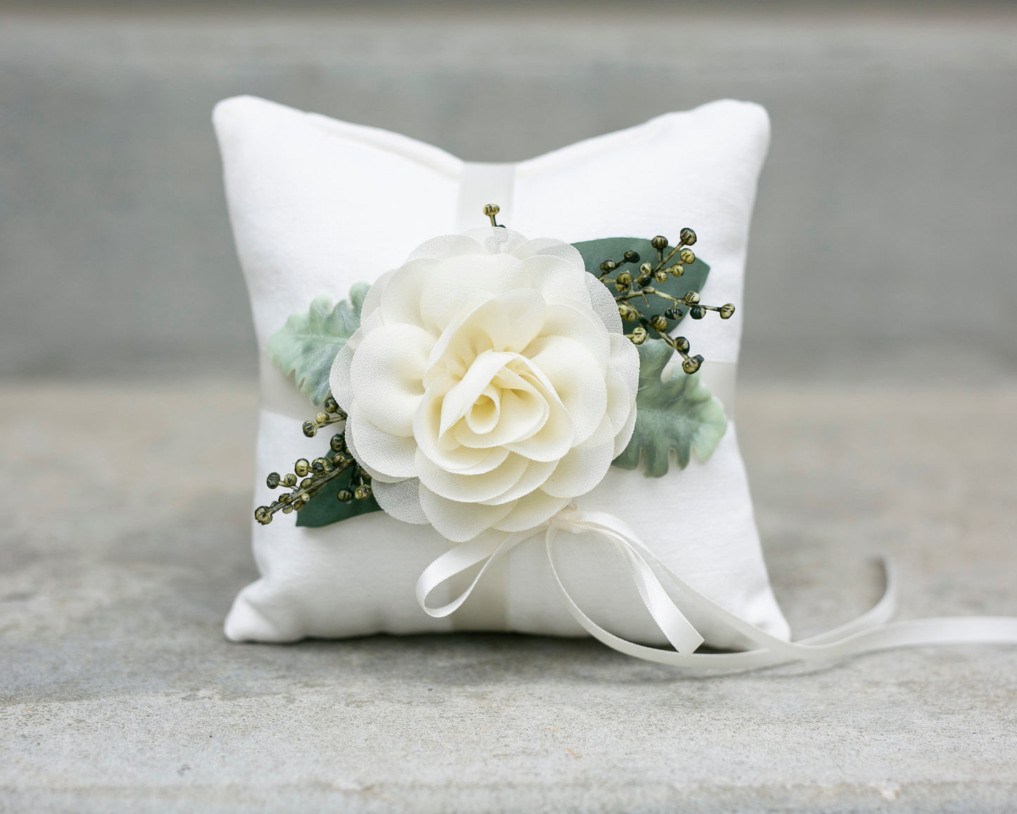 Rustic Wedding Ring Pillow: Ivory Linen with Chiffon Rose