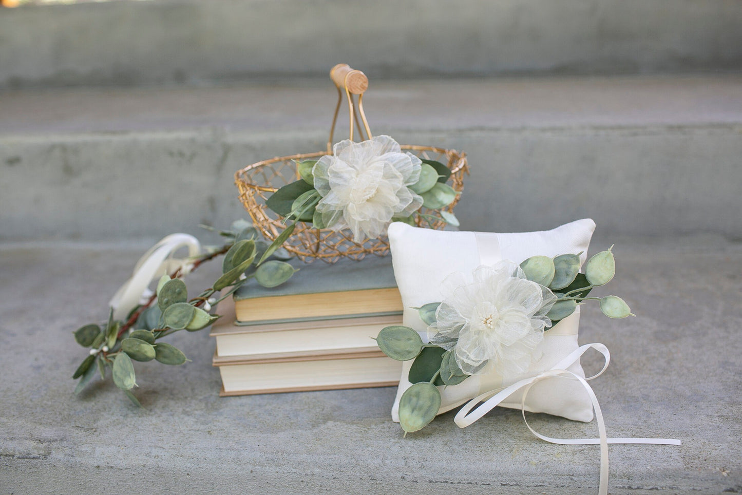 Amber Champagne Gold Flower Girl Basket: Ivory Rose & Eucalyptus Wedding Decor