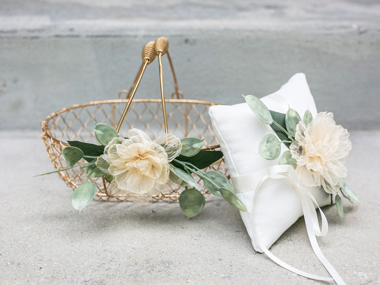 Amber Champagne Gold Wedding Flower Girl Basket and Ring Bearer Pillow Set: Eucalyptus & Organza Floral Accessories