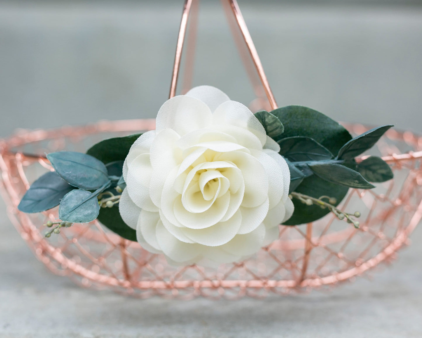 Bella Rose Gold Flower Girl Basket: Copper Wire, Ivory Rose & Greenery