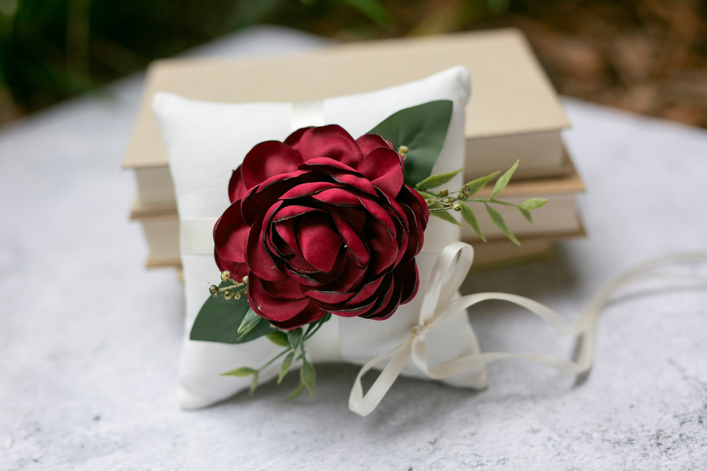 Belle Handmade Ivory Ring Bearer Pillow: Crimson Rose, Linen-Look