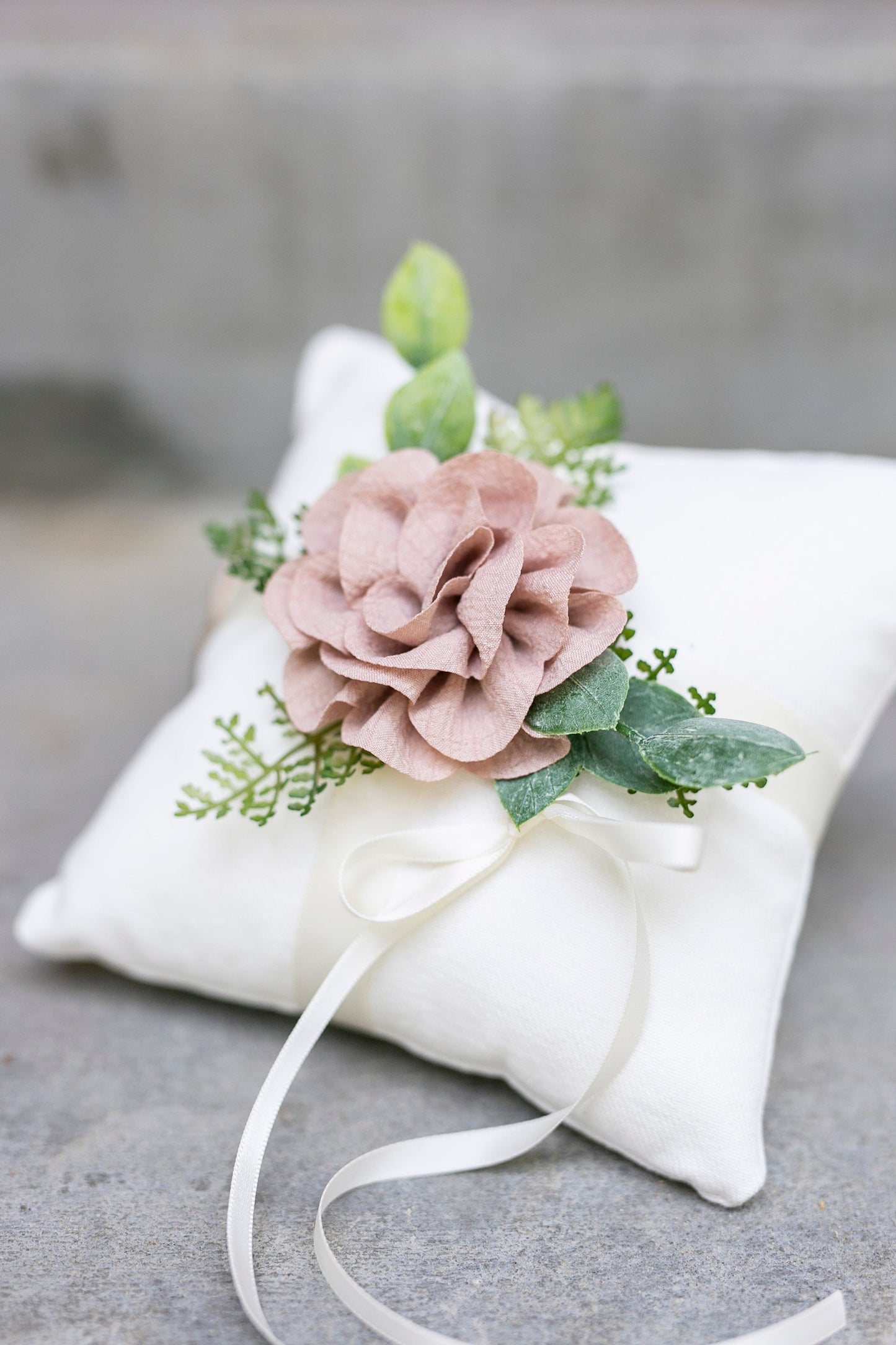Silas Rustic Wedding Ring Pillow: Ivory Linen with Faux Eucalyptus