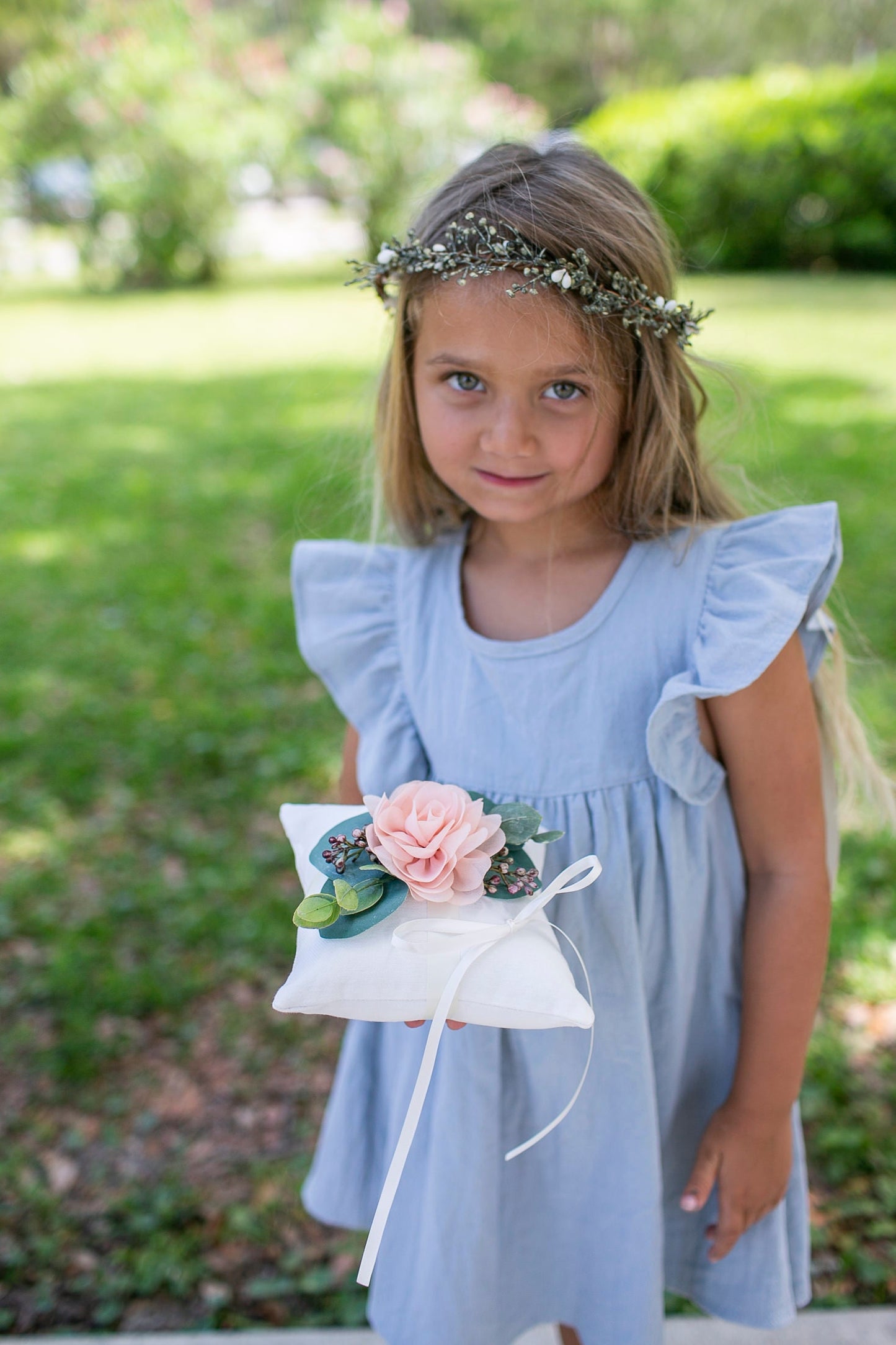 Blush Wedding Ring Bearer Pillow: Ivory Linen-Look, Floral & Greenery
