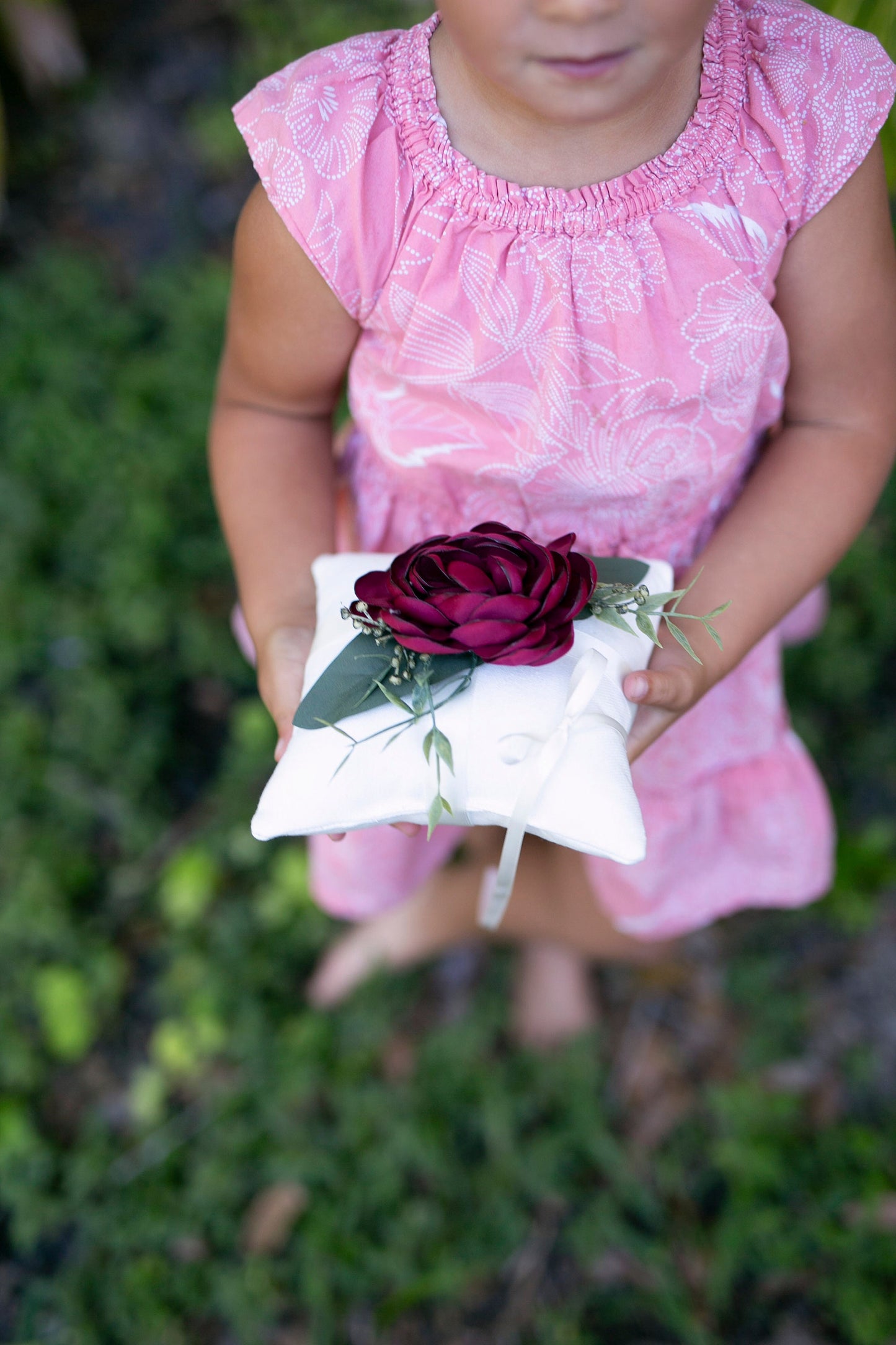 Belle Handmade Ivory Ring Bearer Pillow: Crimson Rose, Linen-Look