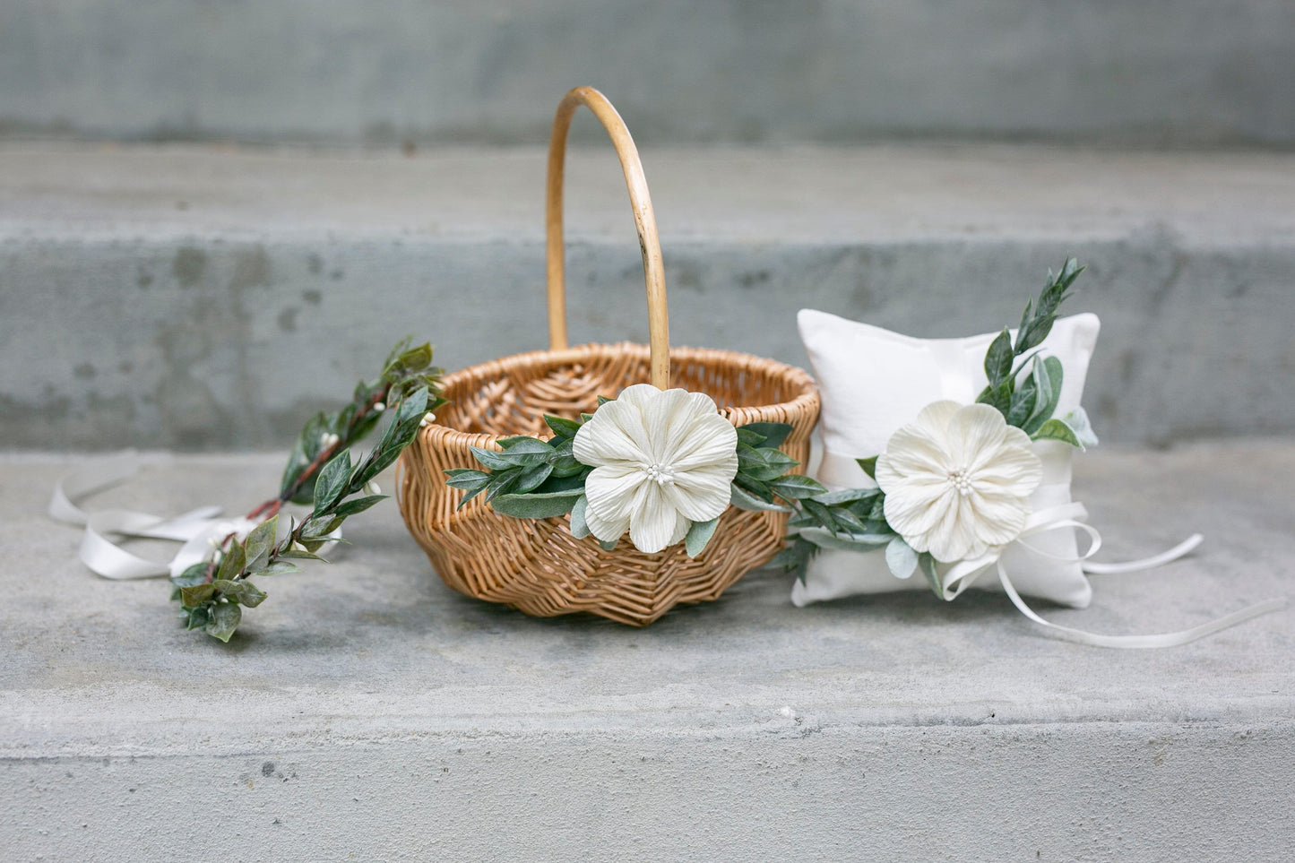 Willow Flower Girl Basket: Handmade Wicker Wedding Basket with Greenery