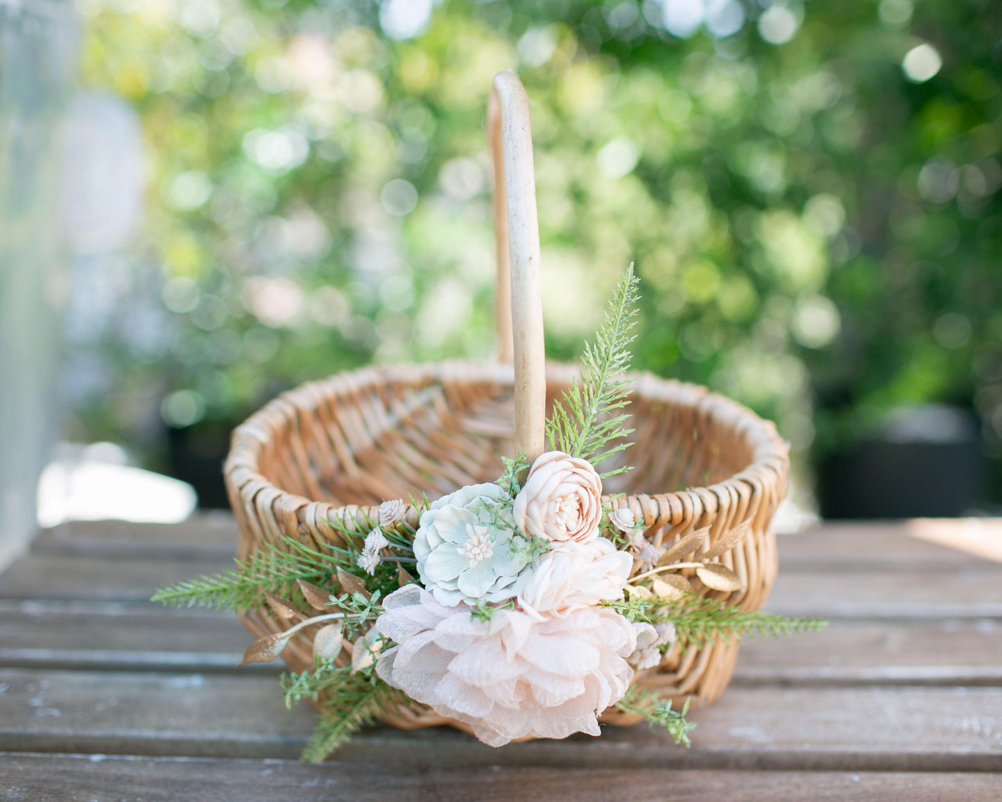 Champagne Gold Wedding Flower Girl Basket and Ring Bearer Pillow Set