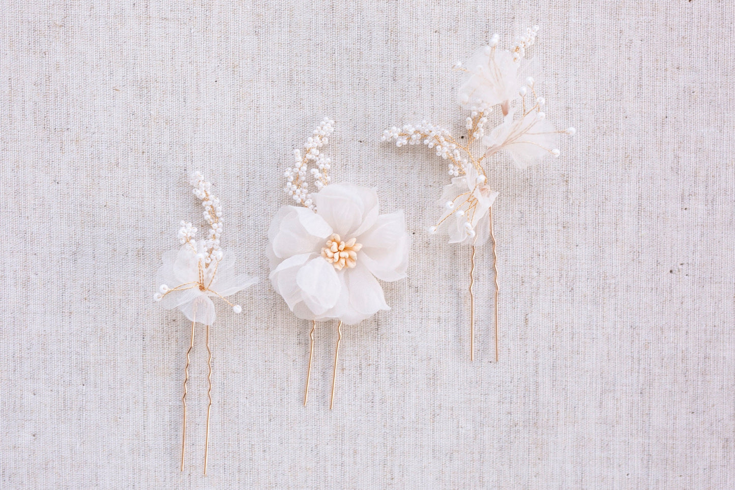 Seed Pearl Floral Hair Pins: Blush Organza Flower, Bridal Hair Jewelry