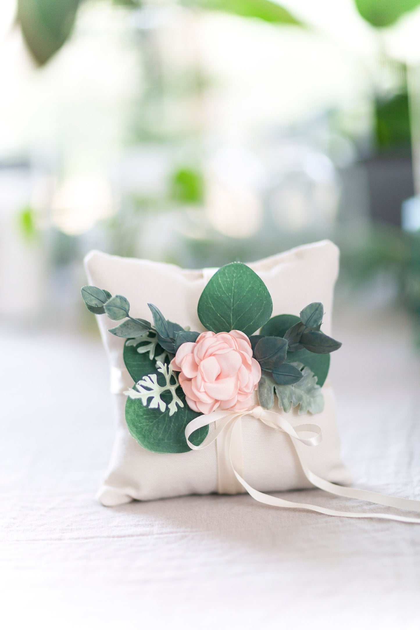 Milo Blush Pink Floral Ring Bearer Pillow: Ivory Linen Wedding Cushion