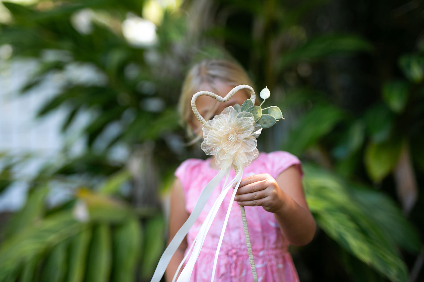 Amber Flower Girl Wand: Heart Rattan, Ivory Ribbon Wedding Accessory