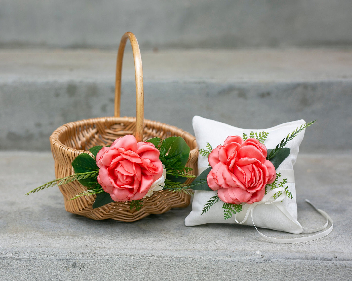 Tropical Flower Girl Basket: Coral Floral Wicker Wedding Decor
