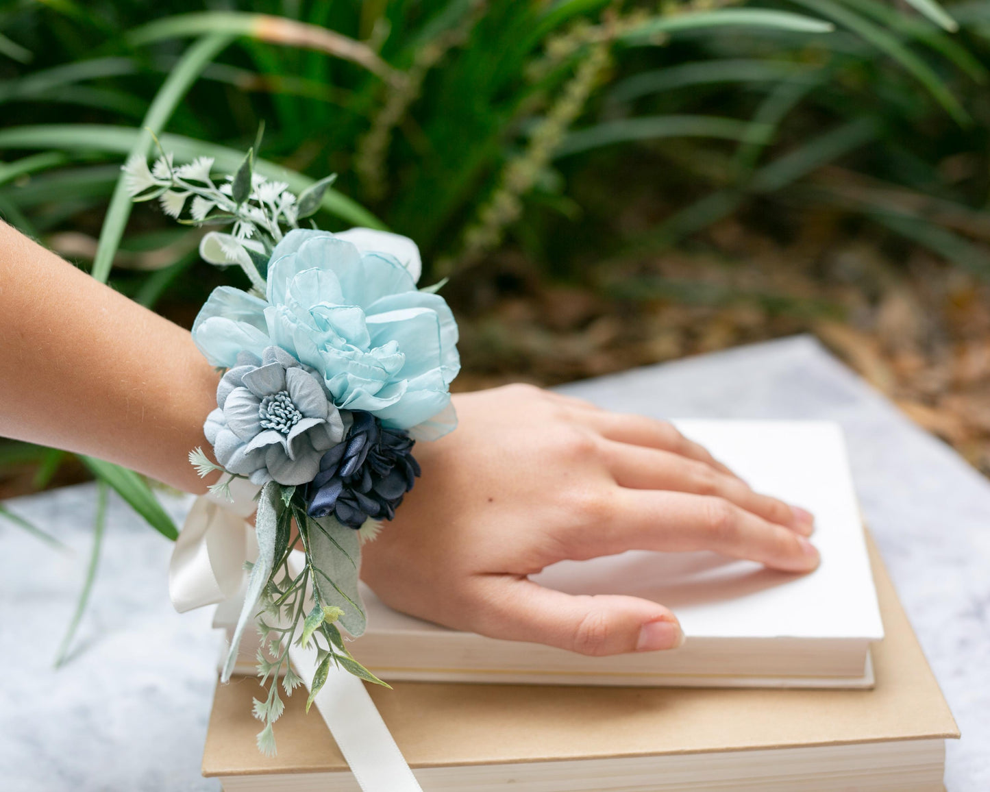Blue Floral Corsage Wristlet: Wedding, Prom, Mother of the Bride