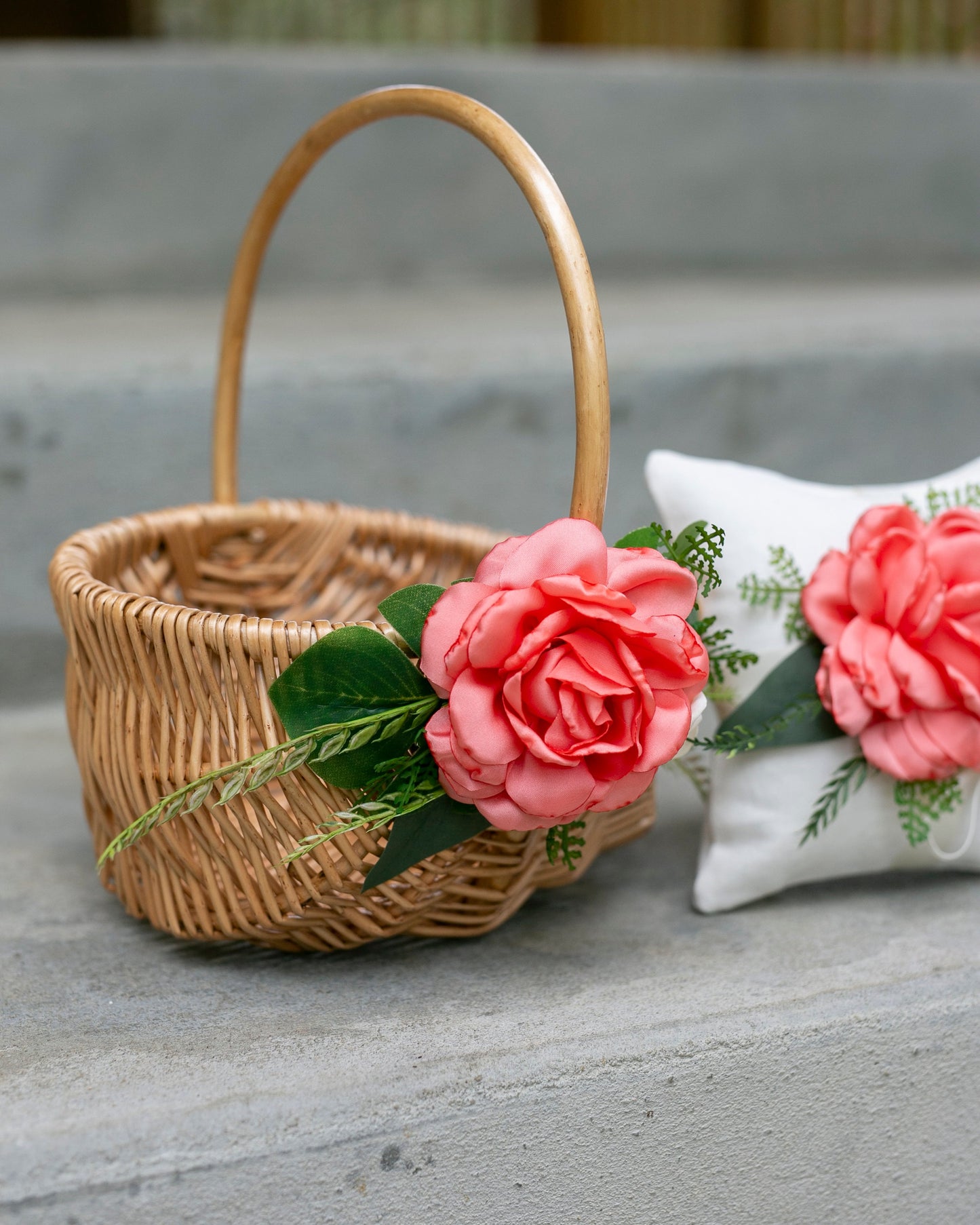 Tropical Flower Girl Basket: Coral Floral Wicker Wedding Decor