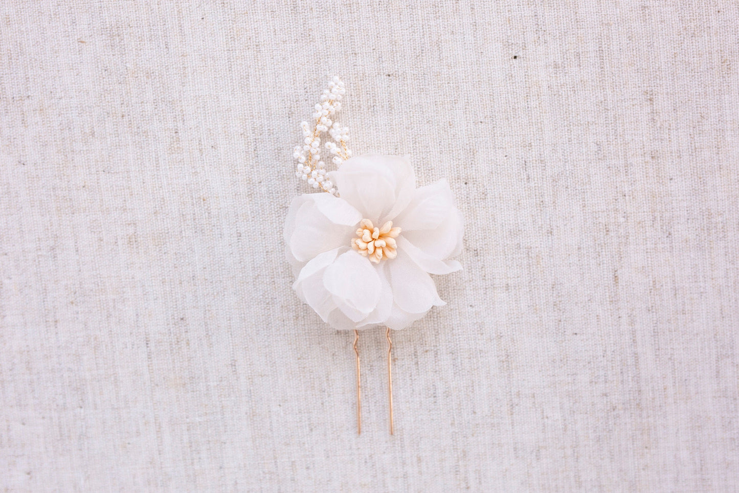 Seed Pearl Floral Hair Pins: Blush Organza Flower, Bridal Hair Jewelry