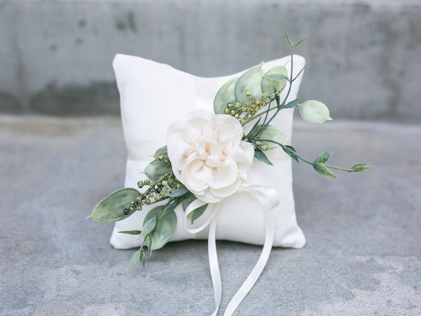 Ivory Linen-Look Ring Bearer Pillow: Floral Greenery Accent