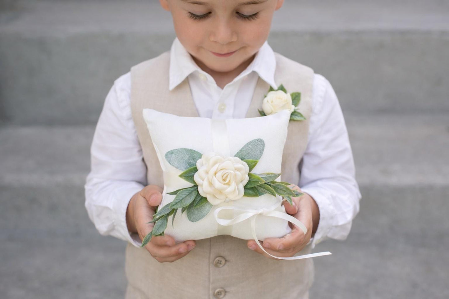 Ivory Ring Bearer Pillow: Linen-Look Wedding Pillow with Greenery