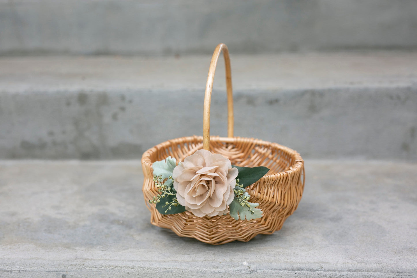 Bristol Rustic Willow Flower Girl Basket with Greenery & Chiffon Flower