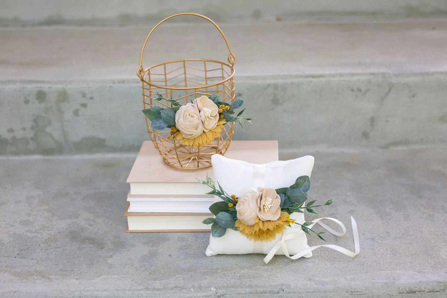 Gold Wedding Flower Girl Basket: Beige & Yellow Fabric Flowers