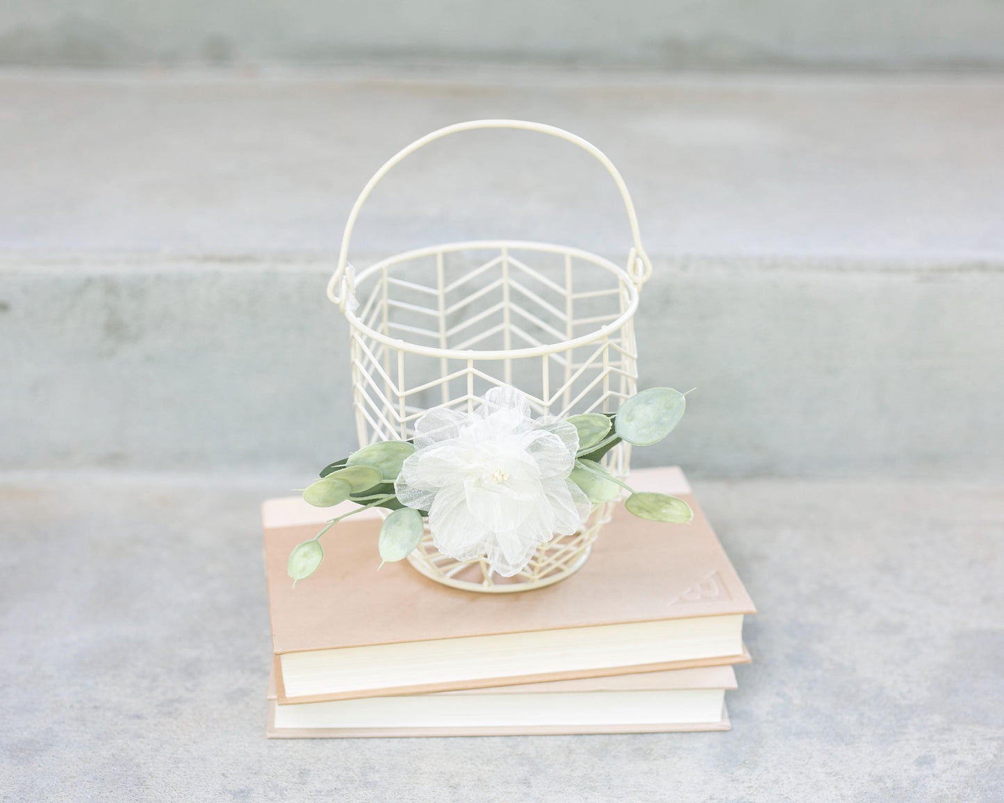 Lola Boho Flower Girl Basket | Ivory Wire, Organza Flower & Eucalyptus
