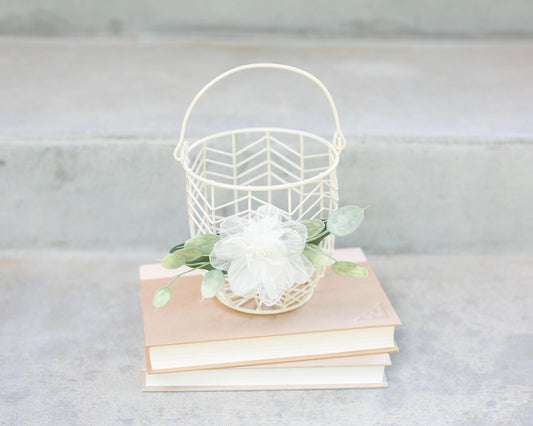 Lola Boho Flower Girl Basket | Ivory Wire, Organza Flower & Eucalyptus