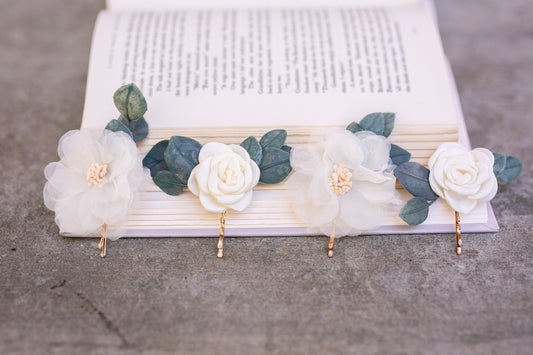 Eucalyptus Bridal Hair Pins: Silk Organza Flower Wedding Accessory