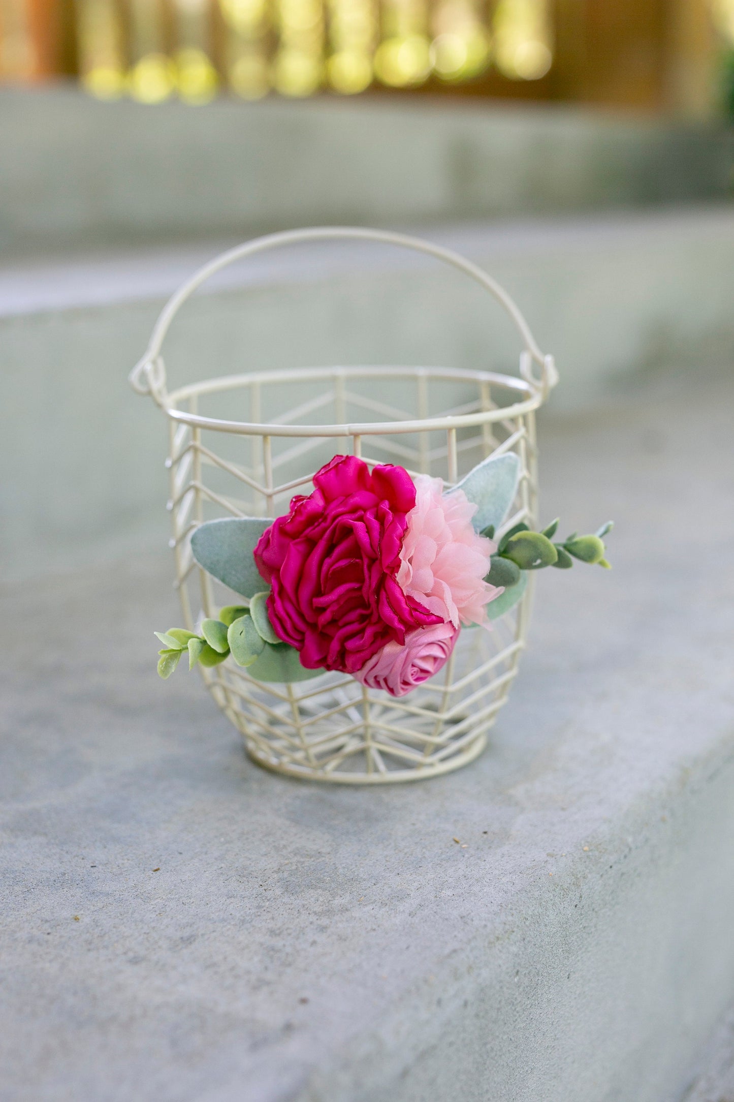 Pink Floral Flower Girl Basket: Ivory Metal Wedding Decor