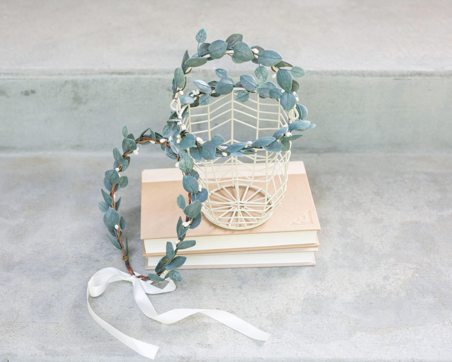 Eleanor Ivory Metal Flower Girl Basket & Ring Pillow Set: Eucalyptus Accent