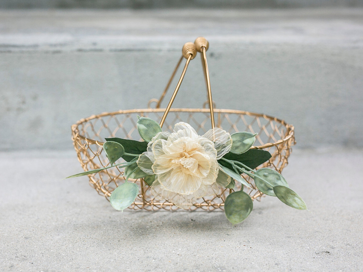 Amber Champagne Gold Wedding Flower Girl Basket and Ring Bearer Pillow Set: Eucalyptus & Organza Floral Accessories
