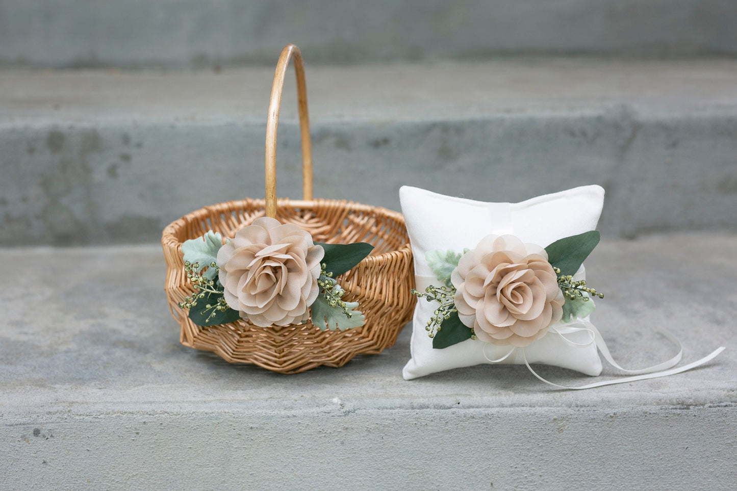 Bristol Rustic Willow Flower Girl Basket with Greenery & Chiffon Flower