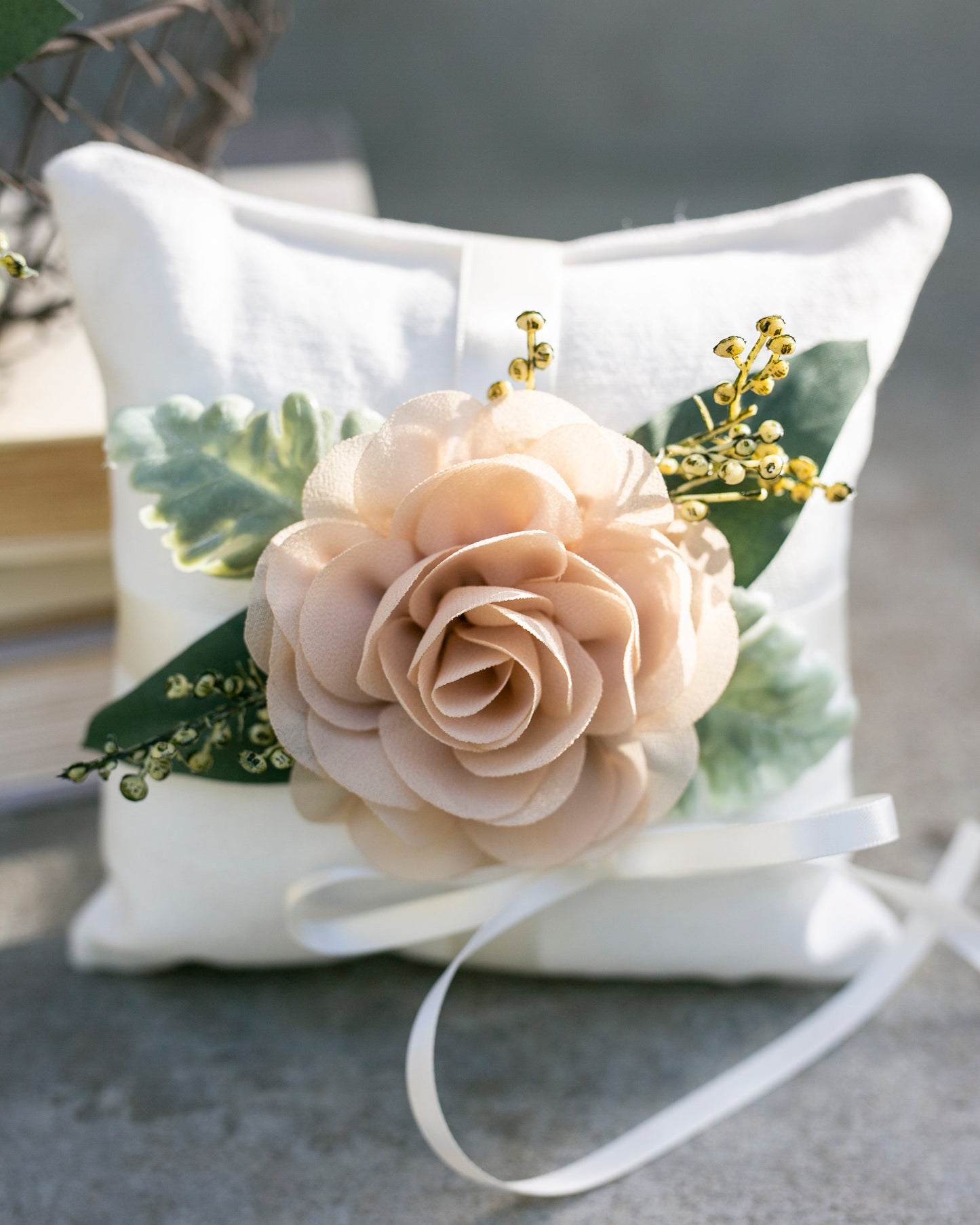 Rustic Wedding Ring Pillow: Ivory Linen with Chiffon Rose