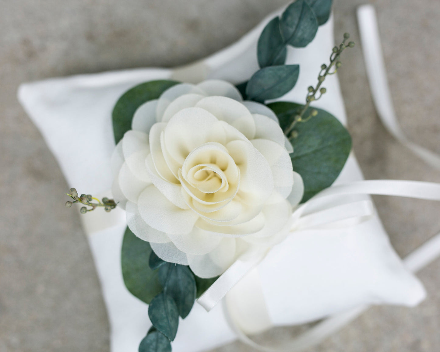 Handmade Linen-Look Ring Bearer Pillow: Ivory Rose & Eucalyptus